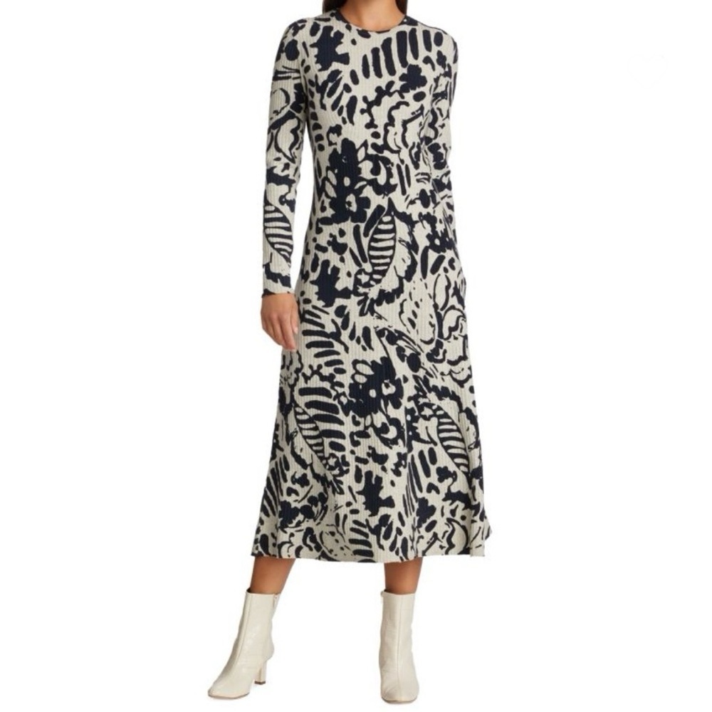 Tanya Taylor Odette Knit Midi Dress Size XS Grey Navy 100% Merino Wool Ribbed